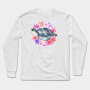 Watercolor Cute Floral Sea Turtle . Long Sleeve T-Shirt